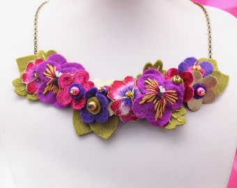 Colourful Statement Necklace, Hand Embroidered Jewelry with Purple Pansies & Magenta, Pink and Gold Felt and Fabric Flowers