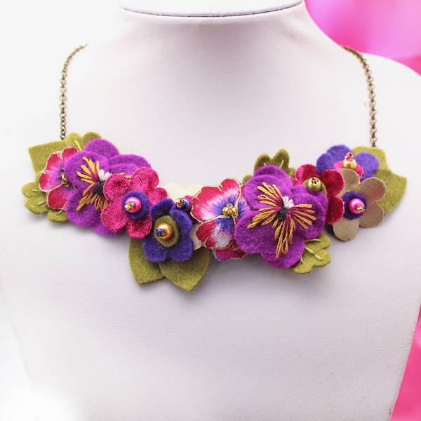 Colourful Statement Necklace, Hand Embroidered Jewelry with Purple Pansies & Magenta, Pink and Gold Felt and Fabric Flowers