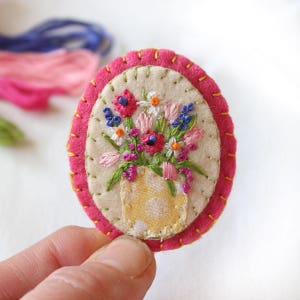 Hand Embroidered Flower Brooch with Tulips, Narcissus, Anemone Flowers, Pink and Blue Stocks,  Spring Wedding Felt Brooch, Mothers Day Gift