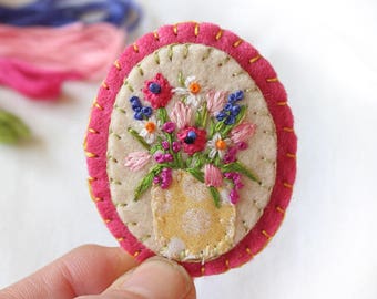 Hand Embroidered Flower Brooch: Spring Bouquet Felt Pin
