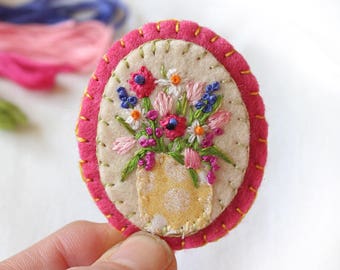 Hand Embroidered Flower Brooch with Tulips, Narcissus, Anemone Flowers, Pink and Blue Stocks,  Spring Wedding Felt Brooch, Mothers Day Gift