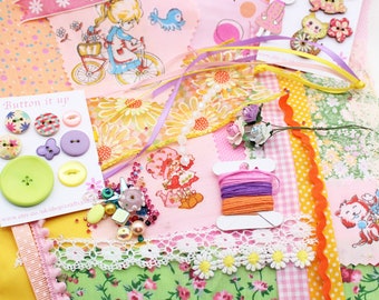 Pink Slow Stitch Kit: Fabric, Buttons, Lace - Junk Journal Inspiration