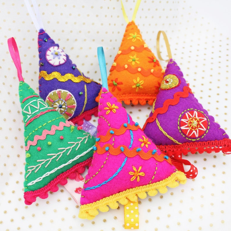 Colourful Christmas Tree Decoration, Hand Embroidered Felt Holiday Decor, Single or Set of Five Trees image 1