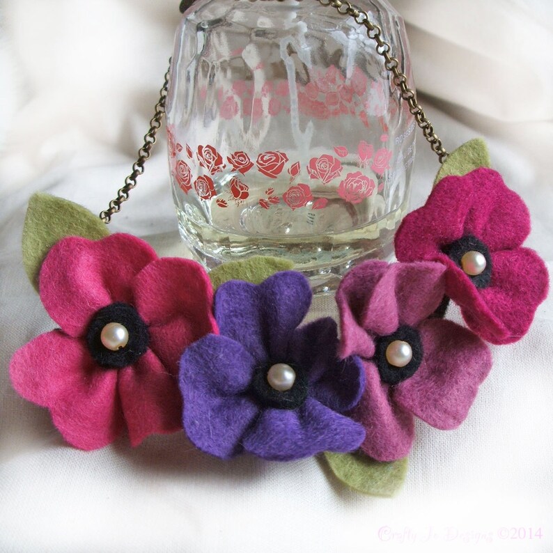 Pink and Purple Statement Necklace, Berry Colour Poppy Bib Jewellery, Summer Flower Accessory image 3