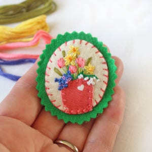 Spring Flower Brooch with Hand Embroidered Tulips, Daffodils, Forget Me Nots & Lily of the Valley