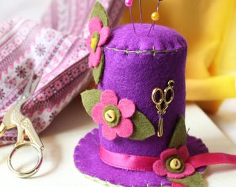 Handmade Felt Pincushion, Purple and Pink Pin Cushion, Seamstress / Hat Maker Gift Idea, Sewing Room Decor