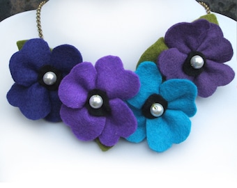 Large Bib Necklace, Purple and Teal Flower Necklace, Felt Jewelry, Statement Necklace, Purple Poppy Necklace