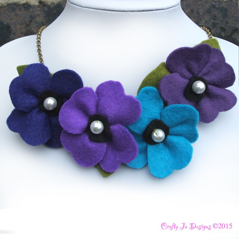 Purple and Teal Flower Necklace Poppies and Pearls Felt Jewelry Large Bib Necklace Purple Poppy Necklace Felt Flower Statement Necklace