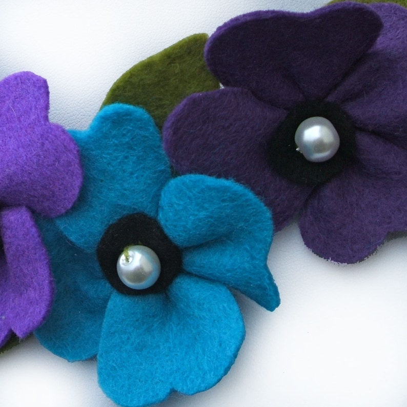 Purple and Teal Flower Necklace Poppies and Pearls Felt Jewelry Large Bib Necklace Purple Poppy Necklace Felt Flower Statement Necklace