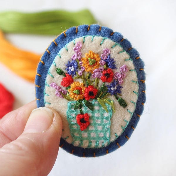 Hand Embroidered Wild Flowers Brooch with Marigolds, Poppies, Cornflowers & Fireweed, Botanical Embroidery Art Felt Brooch, Summer Wedding