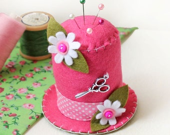 Pink Felt Pincushion, Top Hat Pin Cushion with Daisies, Sewing Room Decor, Dressmaker Gift