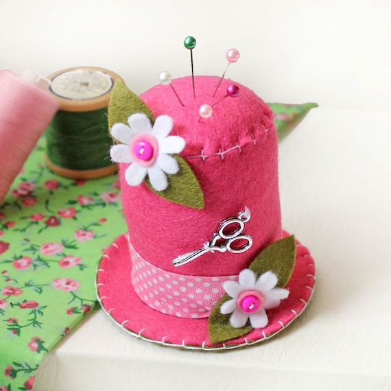 Pink Felt Pincushion Top Hat Pin Cushion with Daisies Sewing Etsy