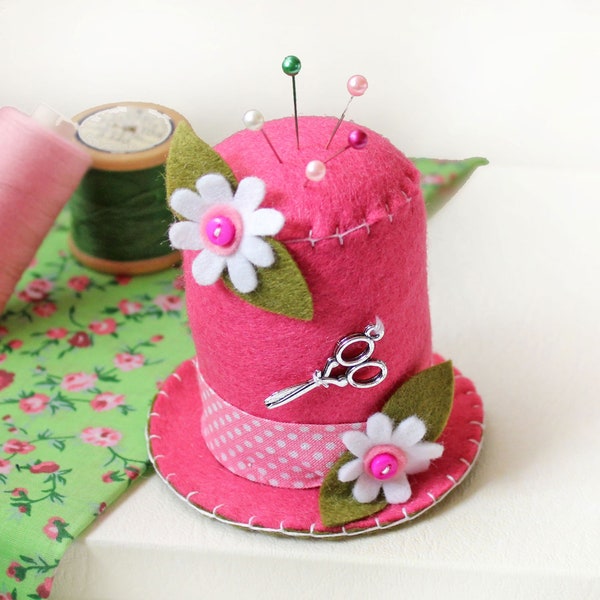 Pink Felt Pincushion, Top Hat Pin Cushion with Daisies, Sewing Room Decor, Dressmaker Gift