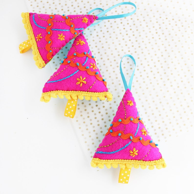 Colourful Christmas Tree Decoration, Hand Embroidered Felt Holiday Decor, Single or Set of Five Trees image 6