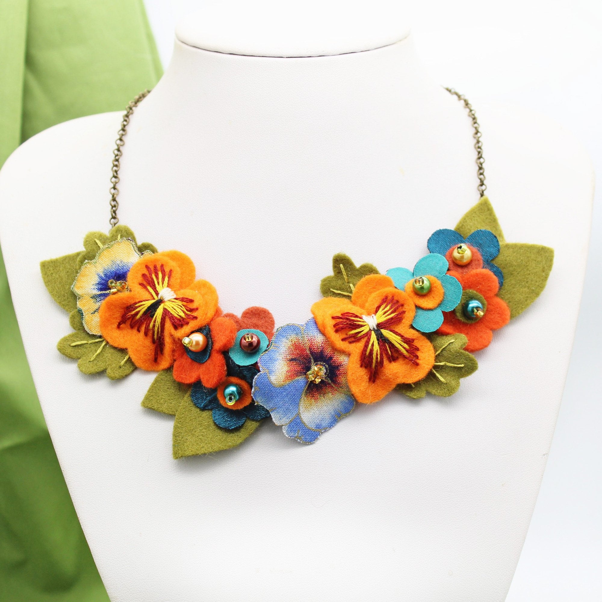 Colourful Statement Necklace With Hand Embroidered Orange Pansies & Tangerine, Teal Terracotta Fabric Flowers, Summer Jewellery