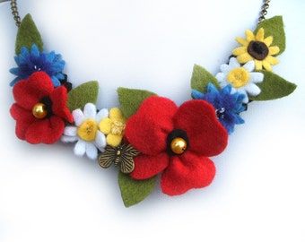 Wildflower Statement Necklace, Colourful Maximilist Jewellery, Handmade Felt Flower Design