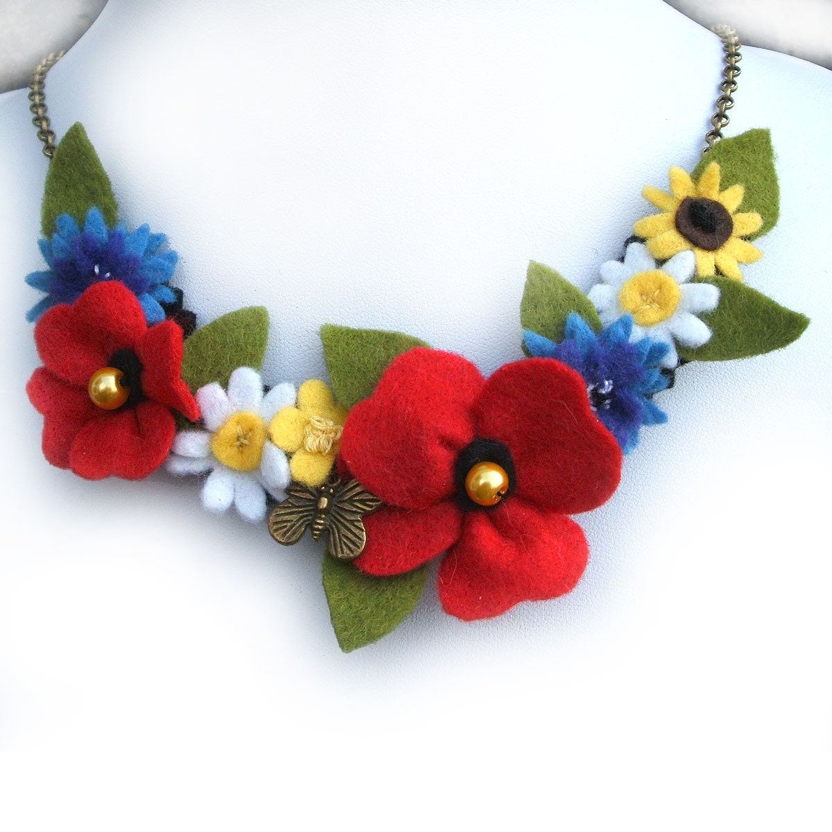 Wildflower Necklace, Red Poppy, Cornflowers, Daisies, Buttercup Bib Felt Flower Jewelry, Wild Flowers Butterfly Accessory