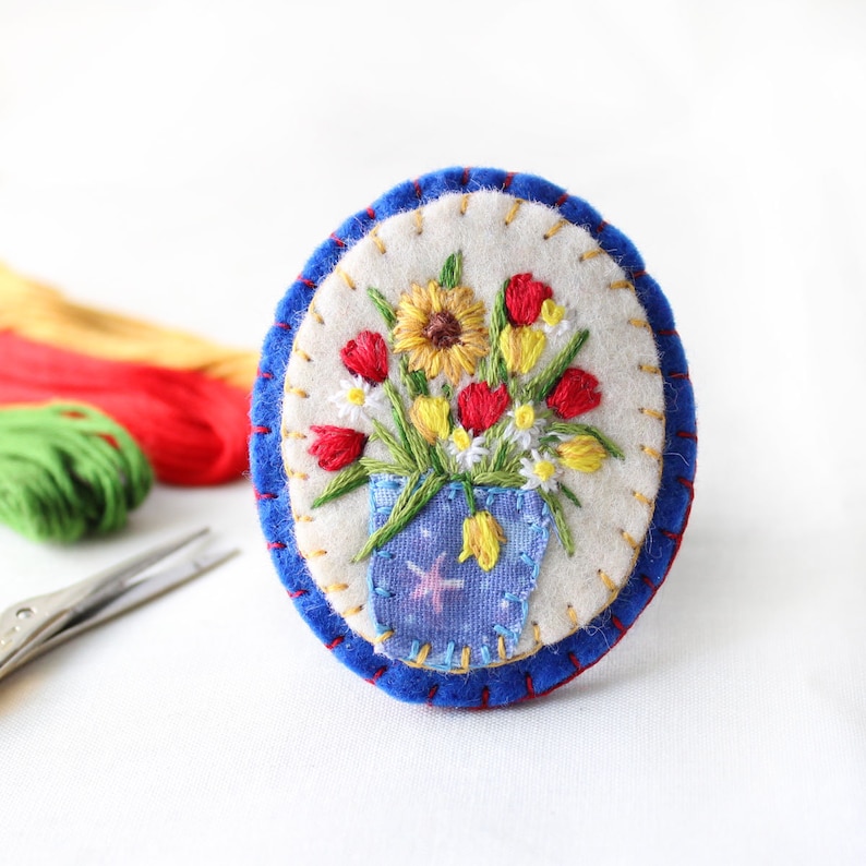 Hand Embroidered Mixed Flowers Felt Brooch with Sunflower Red and Yellow Tulips and Daisies Botanical Embroidery Art Small Brooch