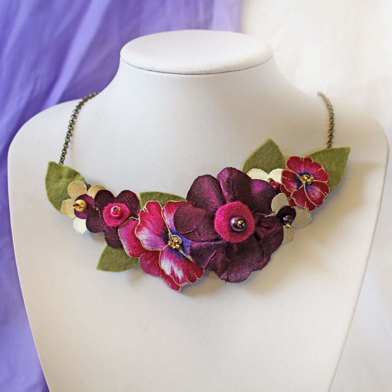 Cerise Pink Statement Necklace, Magenta Pansy Fabric Flower Jewellery, Bold Accessory, Striking Gift for Her image 1