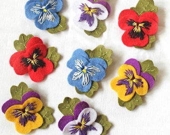 Pansy Brooches, Hand Embroidered Felt Pansy Brooch Available in Red, Blue, White with Purple and Yellow with Purple Viola Flowers