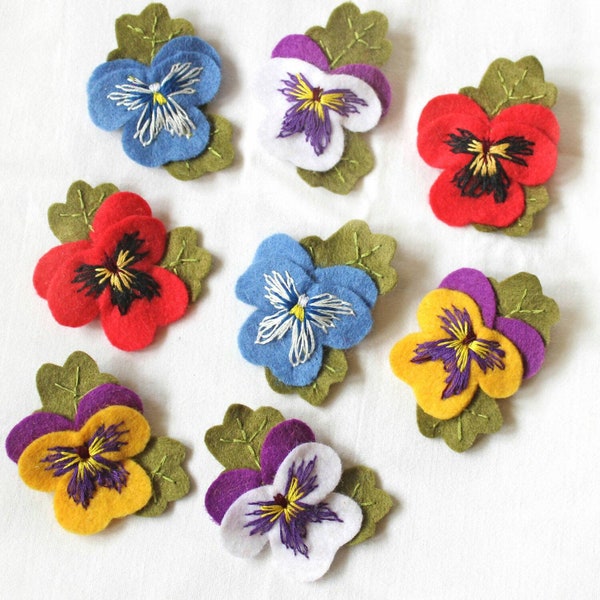 Pansy Brooches, Hand Embroidered Felt Pansy Brooch Available in Red, Blue, White with Purple and Yellow with Purple Viola Flowers