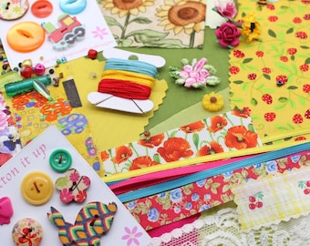 Slow Stitch Kit, Colourful Summer Florals, Junk Journal, Scrap Book Inspiration Pack