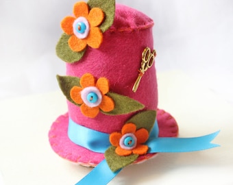 Sewing Pincushion Gift, Pink Felt Pincushion Hat with Orange Felt Flowers, Craft Accessory for Seamstress