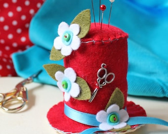 Novelty Pincushion Craft Gift, Red Hat Pin Cushion, Sewing Gift for Crafter, Handmade Pincushion Felt Ornament, Craft Room Decor