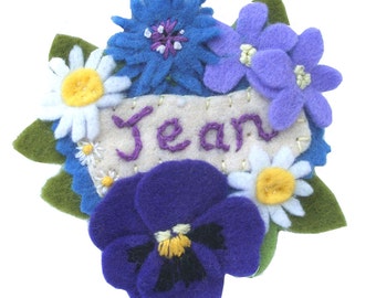 Personalised Name Brooch with Hand Embroidered Felt Flowers, Choose your Name