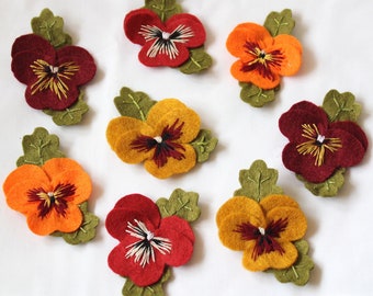 Pansy Brooches, Hand Embroidered Felt Pansy Brooch in Mustard, Burgundy, Dark Red, Orange, Viola Flowers in Warm Colours, Autumn Floral Gift