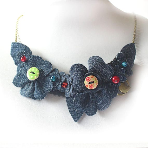 Denim Flower Statement Necklace Blue Jean Floral Accessory Hippy Chic Upcycled Jewelry Made to Order Etsy