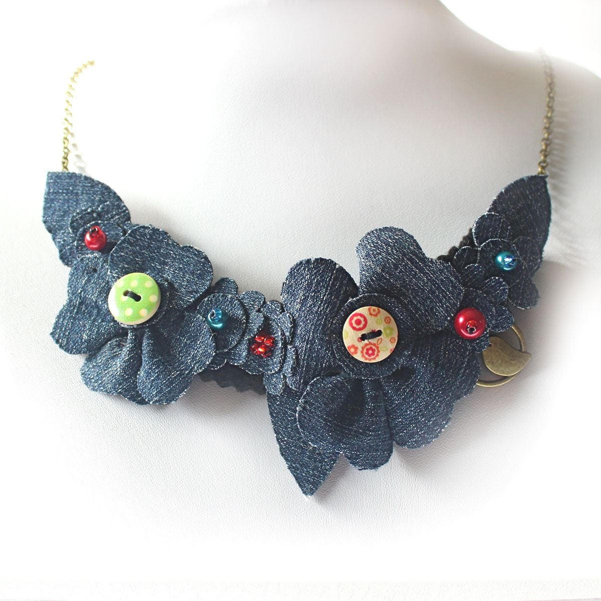 Denim Flower Statement Necklace, Blue Jean Floral Accessory, Hippy Chic Upcycled Jewelry Made To Order