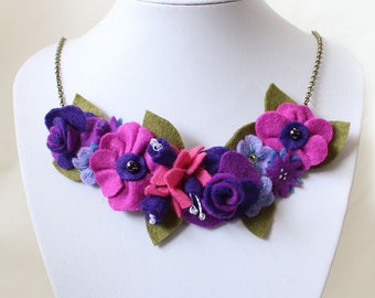 Felt Flowers Statement Necklace, Large Bright Pink and Purple Floral Necklace with Fuchsias, Roses, Forget-Me-Nots, Poppies and Cornflowers