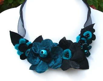 Teal Fabric Flower Necklace: Black Ribbon Statement Jewellery