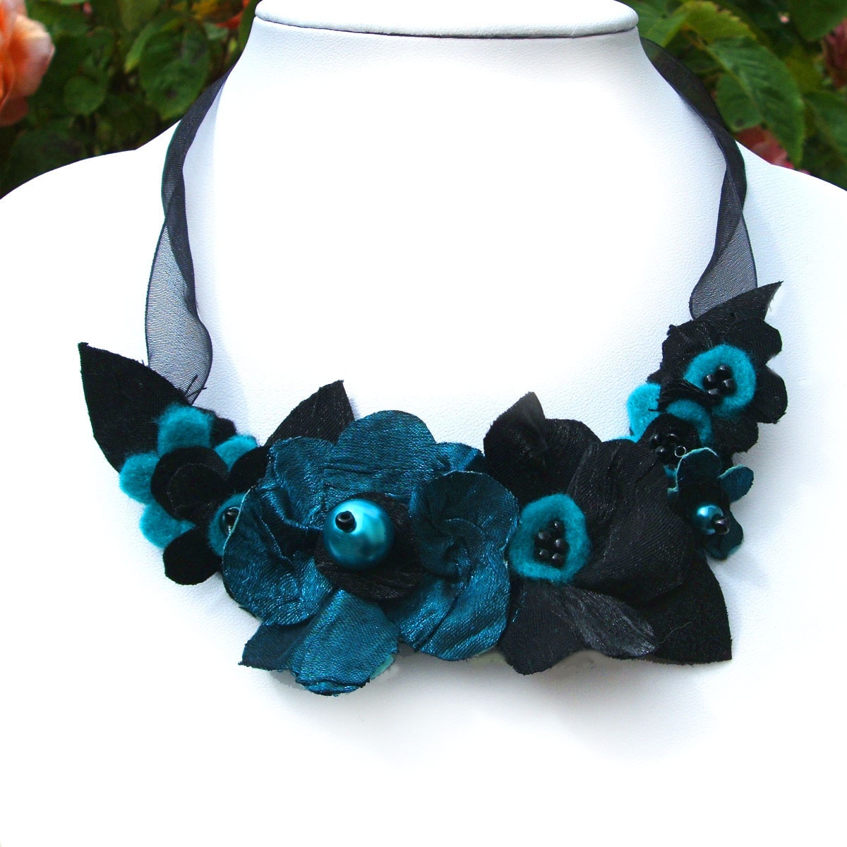 Teal & Black Necklace, Deep Aqua Blue Ribbon Dark Fabric Flower Jewellery, Statement Made To Order