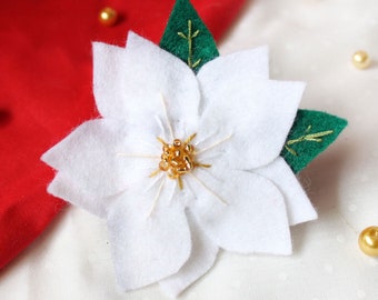 White Poinsettia Christmas Brooch, Hand Embroidered Felt Flower Winter Coat Brooch, Festive Season Christmas Holiday Jewelry