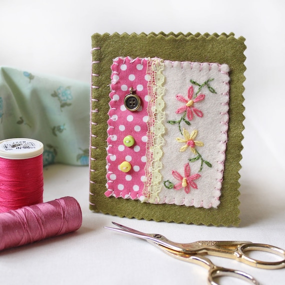 Hand Embroidered Needle Book: Green Felt Sewing Needle Case