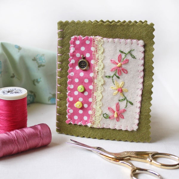 Sewing Needle Case, Green Felt Needle Book with Hand Embroidered Flowers & Applique Design, Dress Making Gift