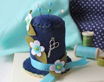 Handmade Felt Hat Pin Cushion: Navy Blue Sewing Gift