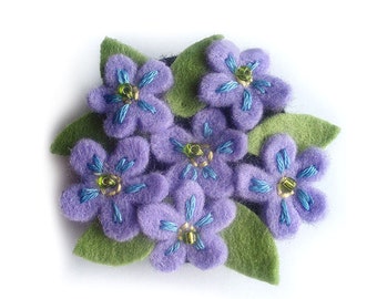 Forget Me Not Brooch, Felt Flower Brooch Pin, Purple Blue Flowers Pin, Unique Mum Gift, Spring Flowers Embroidered Pin, Small Flowers Brooch