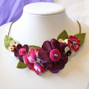 Cerise Pink Statement Necklace, Magenta Pansy Fabric Flower Jewellery, Bold Accessory, Striking Gift for Her image 2
