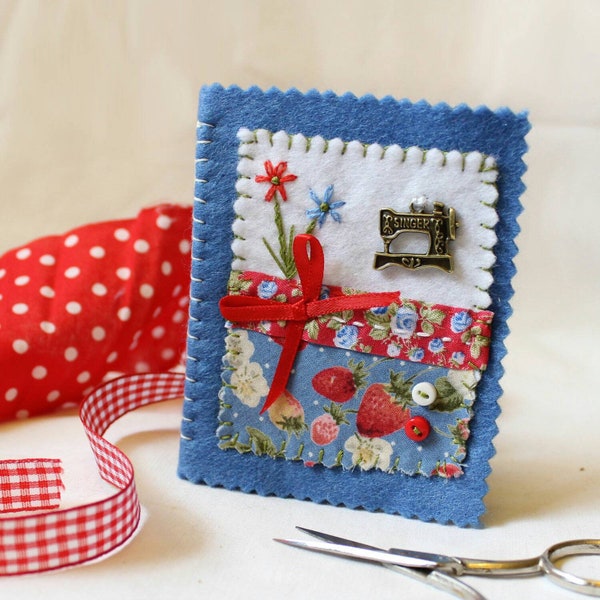 Felt Needle Case, Red White Blue Needle Book with Hand Embroidered Flowers, Dressmaking Gift, Pretty and Practical Sewing Accessory