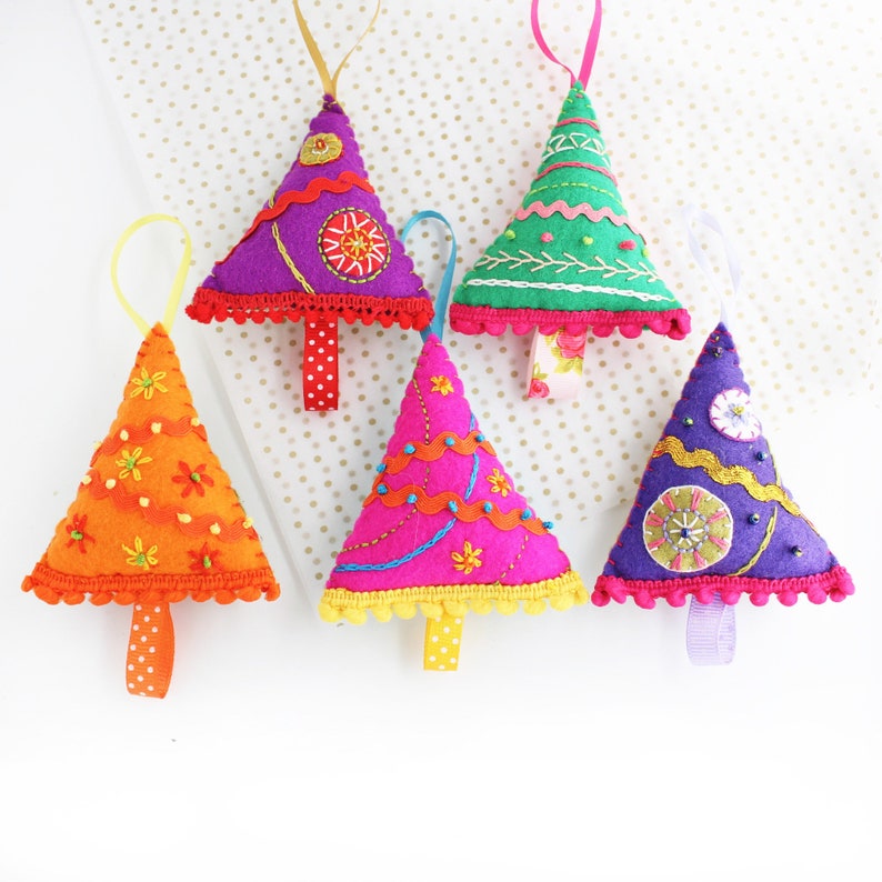 Colourful Christmas Tree Decoration, Hand Embroidered Felt Holiday Decor, Single or Set of Five Trees image 8