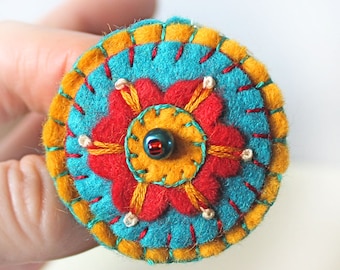 Floral Mandala Jewelry, Mustard Yellow and Teal Round Brooch with Hand Embroidered Red Flower, Folk Art Style Felt Brooch, Colourful Pin