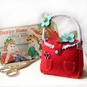 Red Felt Handbag Pincushion: Floral Sewing Notion Gift