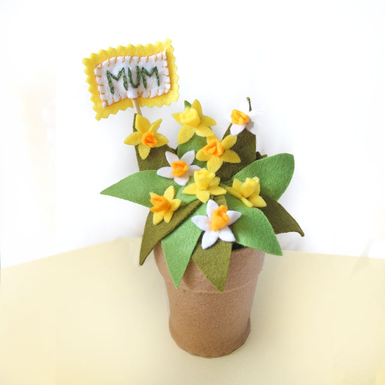 Spring Flowers Mothers Day Gift, Personalised Felt Daffodil Pot, H16cm image 2