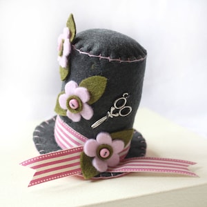 Felt Pincushion - Grey Hat with Pink Flowers: Floral Sewing Pin Holder