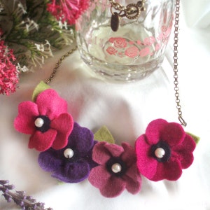 Pink and Purple Statement Necklace, Berry Colour Poppy Bib Jewellery, Summer Flower Accessory image 2