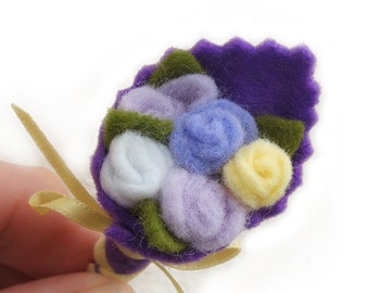 Handmade Brooch, Lilac and Lemon Felt Flower Brooch, Rose Flower Pin, Small Bouquet Rose Brooch, Wedding Favor, Gifts under 10, Small Gifts