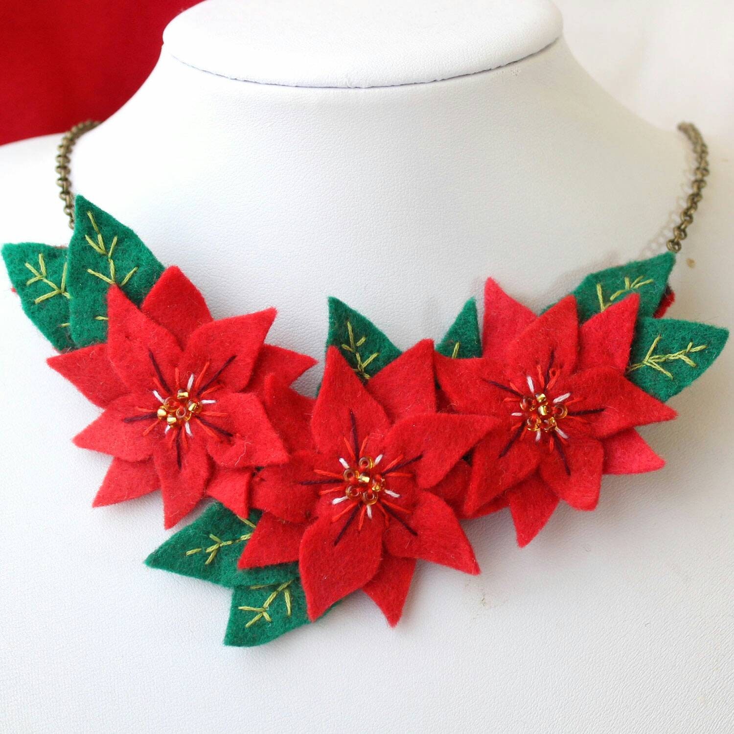 Red Poinsettia Christmas Necklace, Embroidered Felt Flower Red, Gold & Green Statement Seasonal Delights Holiday Jewelry For Her